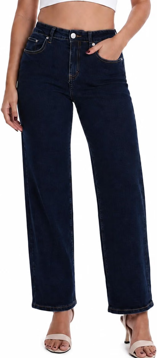 Dark indigo high-waisted jeans with a clean finish