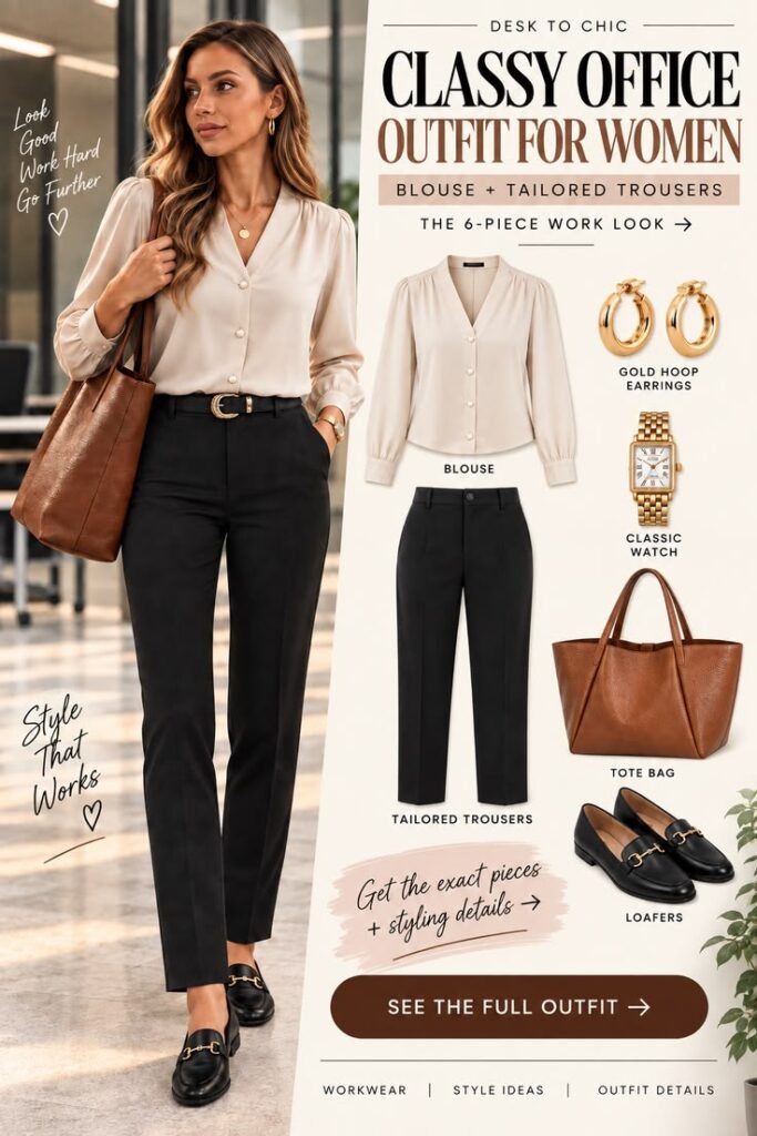 Classy office outfit for women with cream blouse, black tailored trousers, loafers, cognac tote and gold accessories