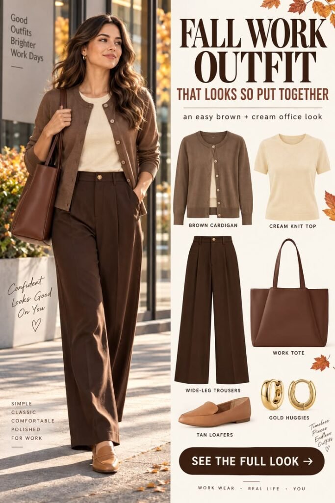 Fall work outfits for women with brown cardigan, cream knit top, wide-leg trousers, tan loafers and work tote