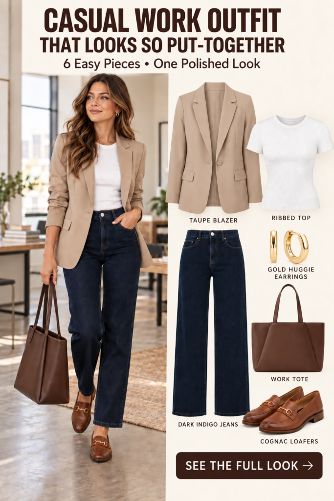 Casual work outfit for women with a beige blazer, ivory top, dark indigo jeans, cognac loafers, brown tote, and gold hoops