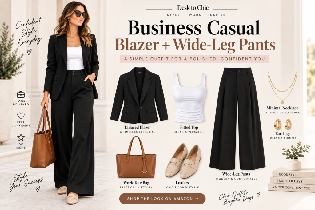 Business casual blazer outfit with black wide-leg pants, white top, brown work tote and beige flats