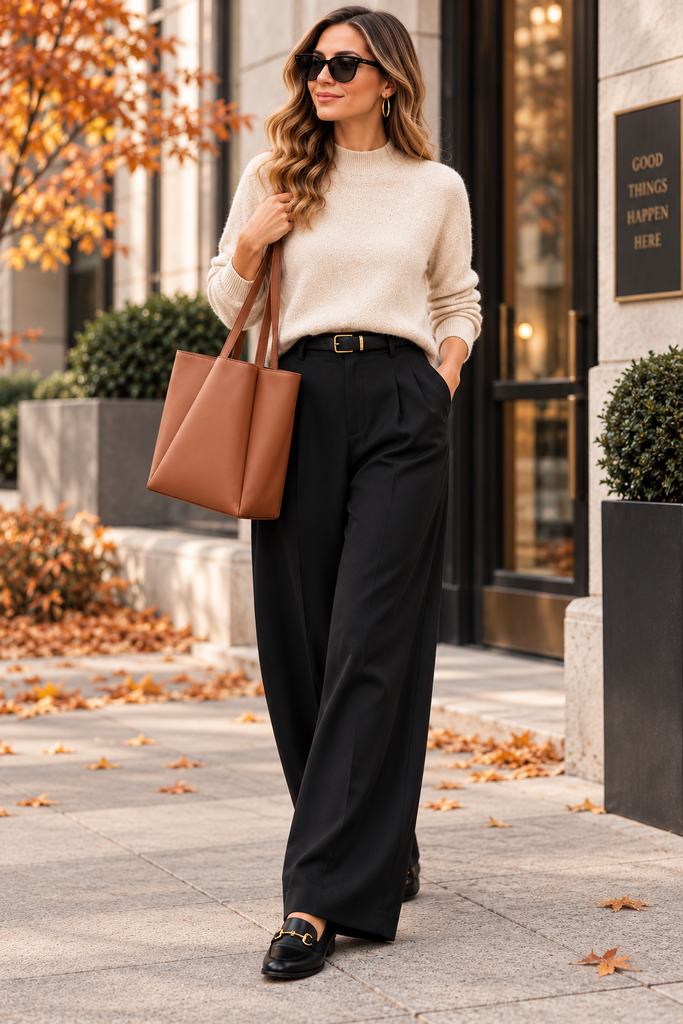 Fall business casual outfit for women with cream sweater, black wide-leg trousers, loafers and cognac tote