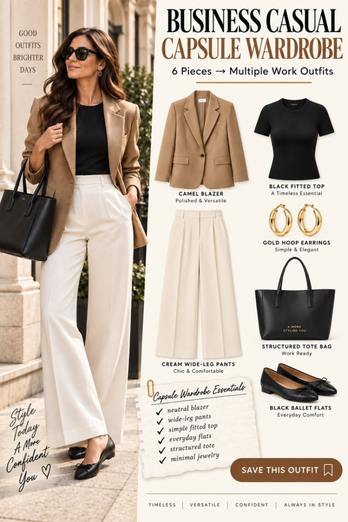 Business casual capsule wardrobe with camel blazer, black top, cream pants, black tote, ballet flats and gold hoop earrings.