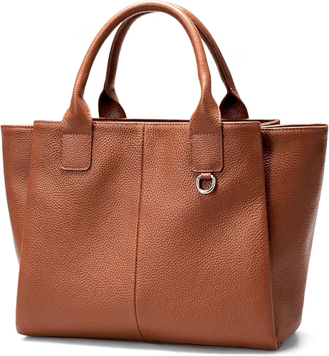 Structured cognac tan work tote shown as the warm accent in a neutral outfit